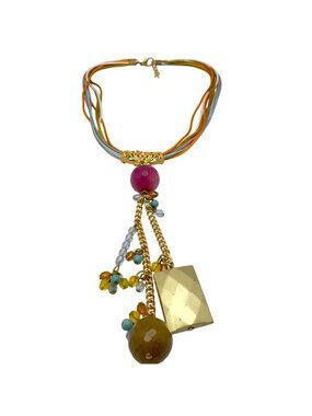 Handmade Artisan Multicolor Beaded Necklace Gold Accents Chain Tassel Turkey 16"